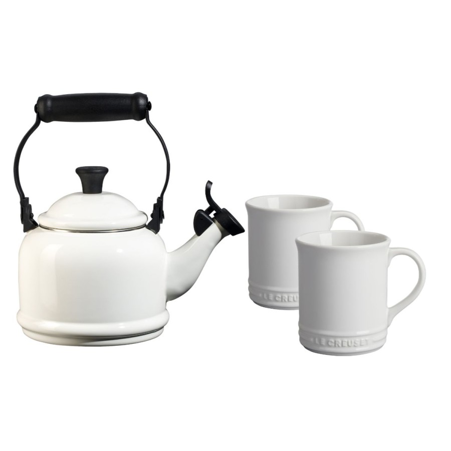 Stovetop Tea Kettles * | Le Creuset 1.25 Qt. Demi Kettle Tea Pot + 2 14Oz Mugs Set | White