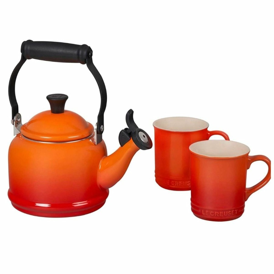 Stovetop Tea Kettles * | Le Creuset 1.25 Qt. Demi Kettle Tea Pot + 2 14Oz Mugs Set | Flame Orange