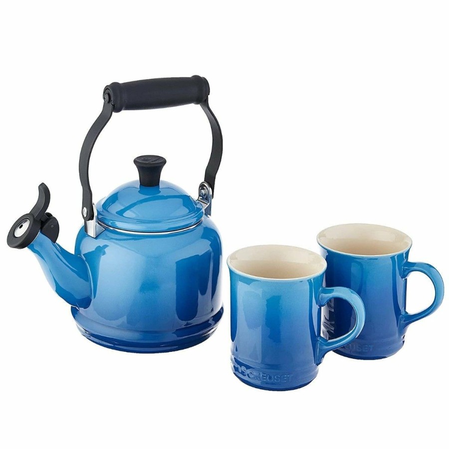 Stovetop Tea Kettles * | Le Creuset 1.25 Qt. Demi Kettle Tea Pot + 2 14Oz Mugs Set | Marseille Blue