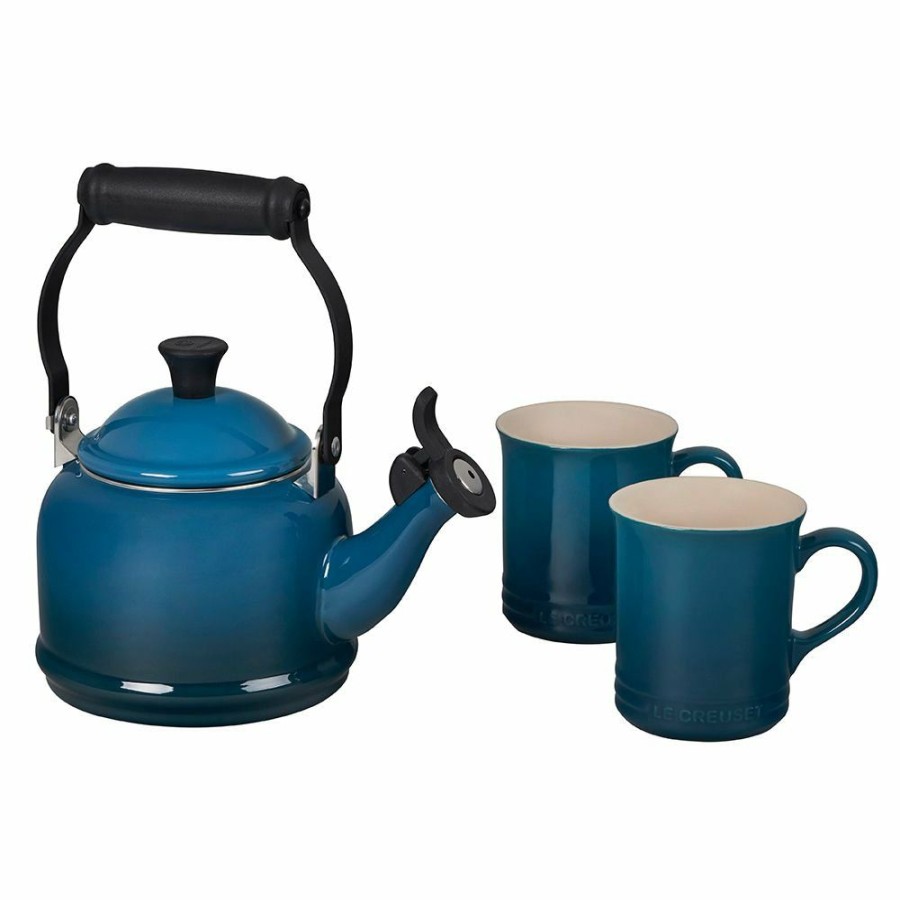 Stovetop Tea Kettles * | Le Creuset 1.25 Qt. Demi Kettle Tea Pot & 14Oz Mugs Set | Deep Teal